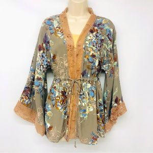 Wanderlux Taupe Boho Floral Tie Front Kimono